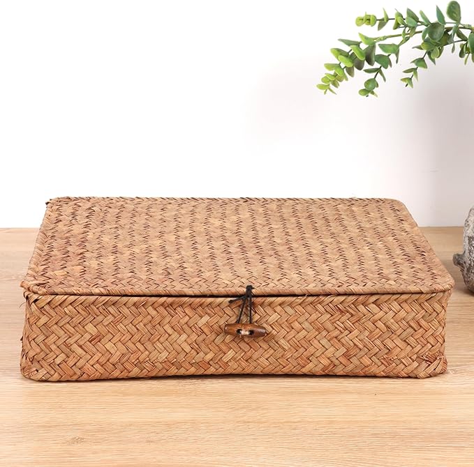 Flat Wicker Shelf Baskets with Lid, Handwoven Seagrass Basket Boxes for Storage Baskets Bins Home Decor Organizer (Coffee Set of 2)