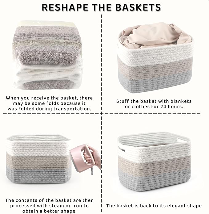 4 Pack Storage Baskets for Organizing, 12''Lx10''Wx8''H Woven Baskets for Storage Toys, Towels, Books, and Clothes, Cotton Rope Basket for Shelves with Handle (White & Grey)