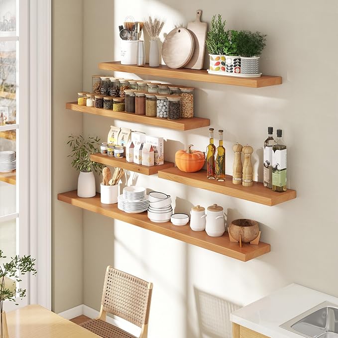 Floating Shelves for Wall, 72"Wx9.3"D USA-Sourced Douglas-Fir Solid Wood Rustic Wall Shelves with Heavy Duty Invisible Bracket, Nursery Book Storage Display Shelf for Bathroom, Set of 1, Natural