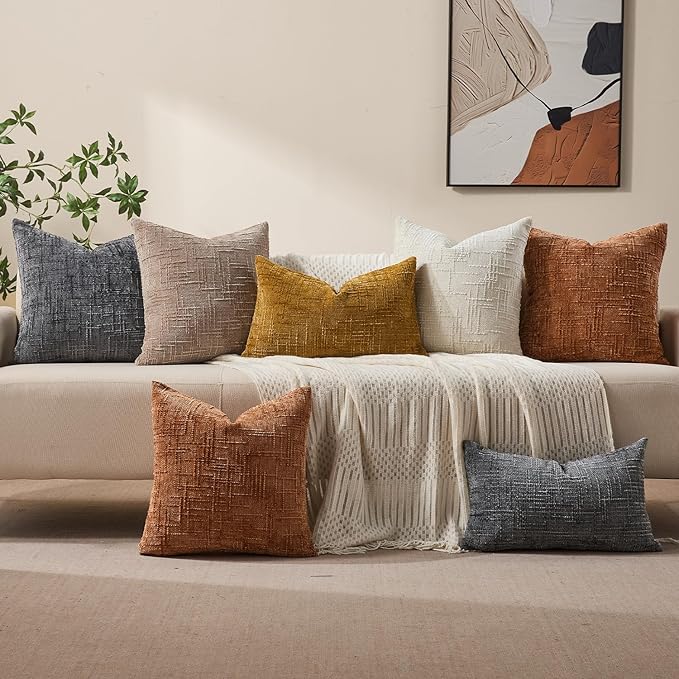 Decorative Couch Throw Pillow Covers 20x20 Set of 2 Camel Soft Chenille Pillow Covers Neutral Textured Boho Cushion Covers for Modern Farmhouse Sofa Bedroom Living Room Decor SY008-D20