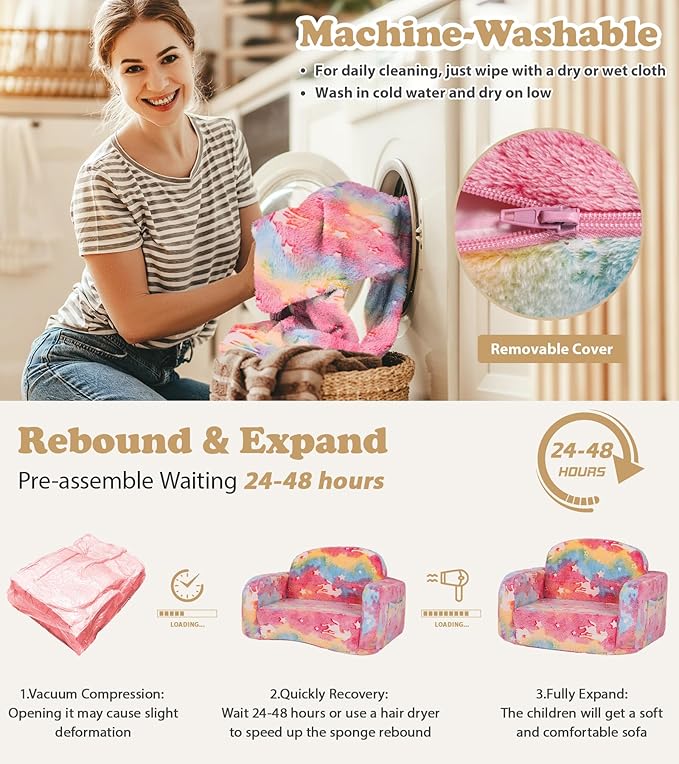 Kids Couch, 2-in-1 Soft Toddler Couch Fold Out with Blanket and Cloud Pillow, Glow in The Dark, Toddler Chair Comfy, Convertible Sofa, Gifts for Kids Girl Boys, Medium Pink Unicorn