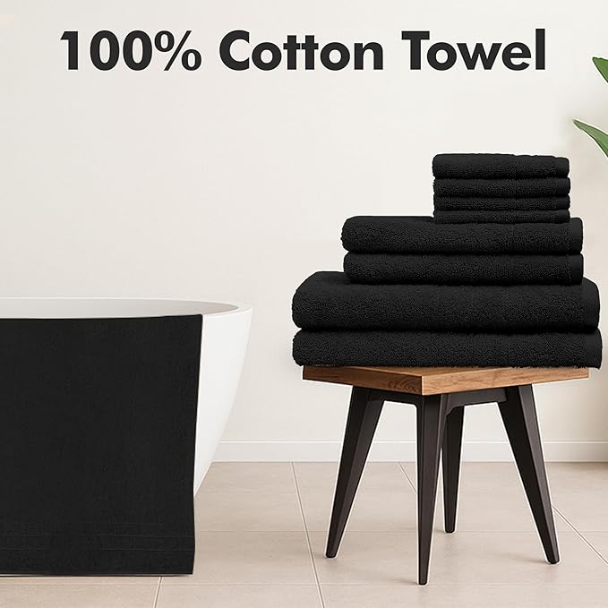 Bath Towels Set of 8 – 100% Cotton (Black) Bathroom Towel Set Bale Includes 2 Bath, 2 Hand, 4 Face Towels – Soft, Absorbent & Quick Dry Towel for Bathroom, Spa, Kitchen, Hotel Use