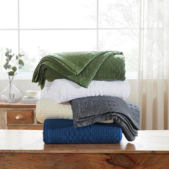 VHC Brands 100% Cotton Waffle Weave King Blanket 108"x90", Decorative Lightweight Spring and Summer Throw Blanket, Bedroom Decor for Bed, Couch, or Sofa, Navy
