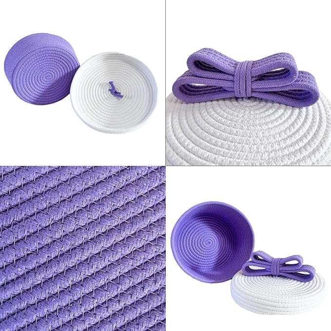 Cute Small Toy Box & Storage Baskets with Lids, Round Woven Rope Basket with Bunny & Bow Handle, Decorative Home Decor for Easter Gifts, Kids & Pets (Lavender)