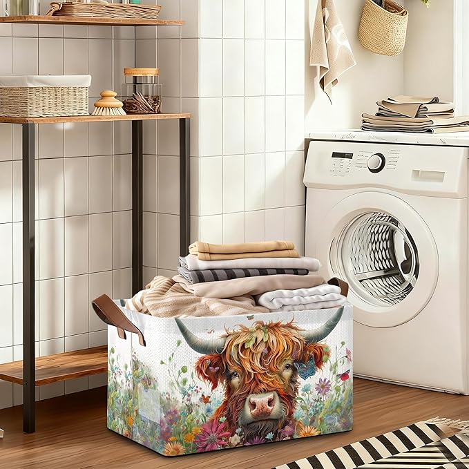 Flower Highland Cow Storage Bins with Handles, Collapsible Storage for Clothes, Gift Basket, Blankets & Closet Organization