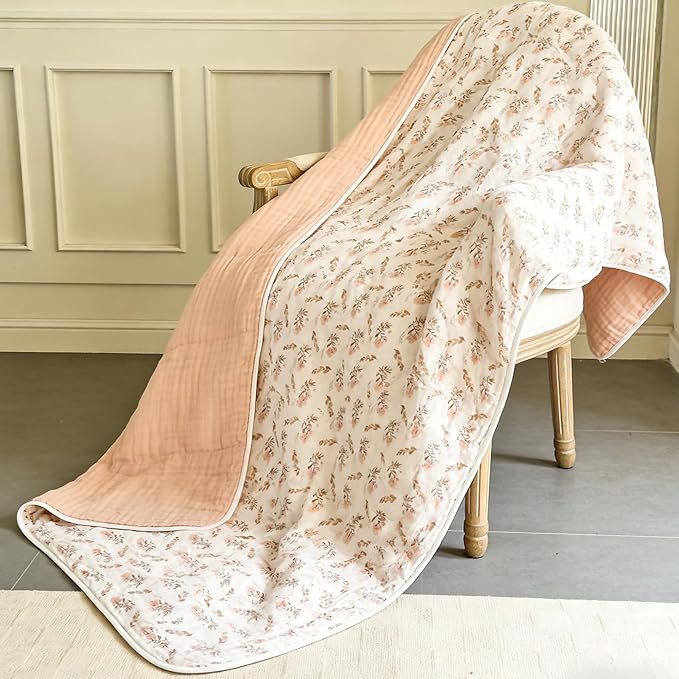 SANACYNA 100% Cotton Muslin Blanket 6-Layer Gauze King Size Floral Bed Blanket Lightweight Soft and Breathable Blanket for Sofa Couch Bed Coverlet Keep Warm (Floral, King 90" X 104")