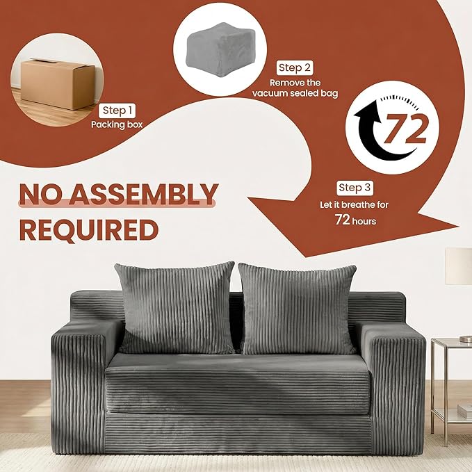 Convertible Sofa Bed, 5 In 1 Small Boneless Couch Pull Out Loveseat Sleeper Sofa,Corduroy Futon Couch Folding Mattress with 4 Pillows for Living Room Bedroom Lounge (No Assembly) (Gray, 58Inch)