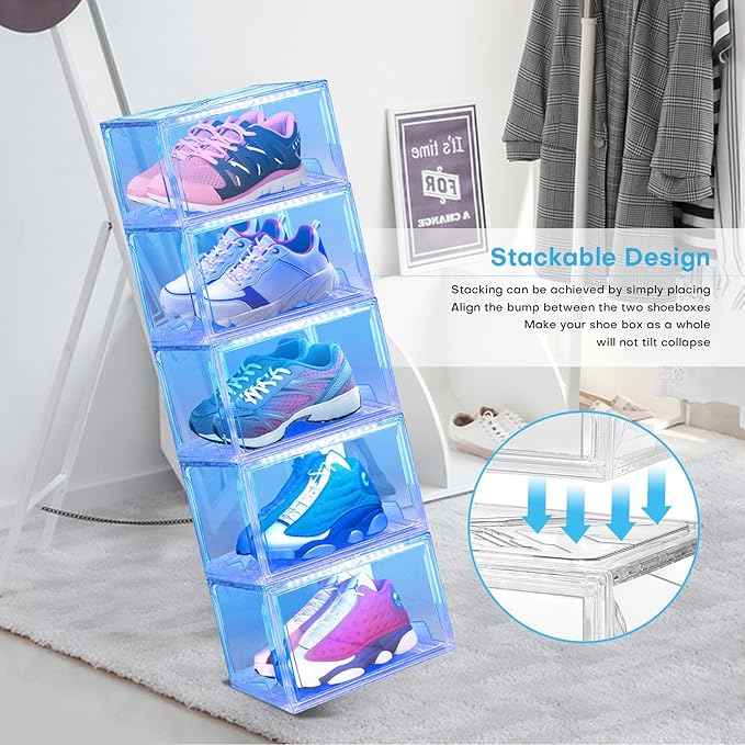 Shoe Storage Organizer for Closet, Foldable Shoe Boxes Rack 2 pack, Clear Plastic Stackable Containers Bins Holder, Magnetic Sneaker Shelf for Sneakerheads with LED Lights Clear