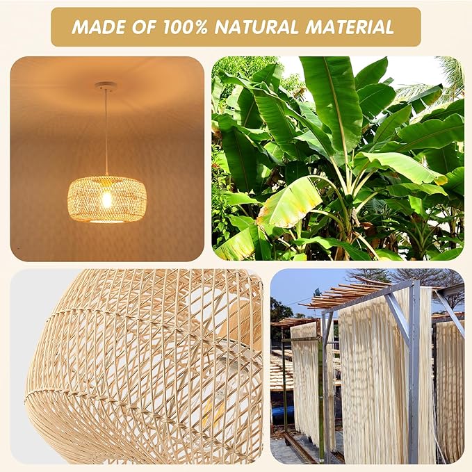 Hand-Woven Rattan Drum Pendant Light, 16in Boho Wicker Chandelier Hanging Lighting Fixture Coastal Pendant Lights for Dining Room Kitchen Island Living Room Bedroom Foyer Entrance