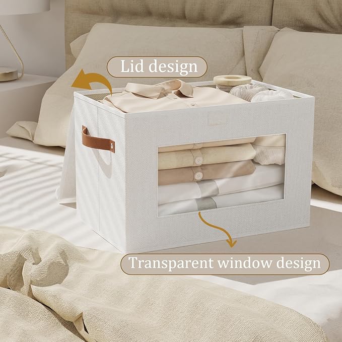 Foldable Storage Bins with Lids, Decorative Storage Boxes with Handles, Closet Organizers for Sock Hat Blanket, 17.7 x 11.8 x 11.8 Inch, White, 3-Pack