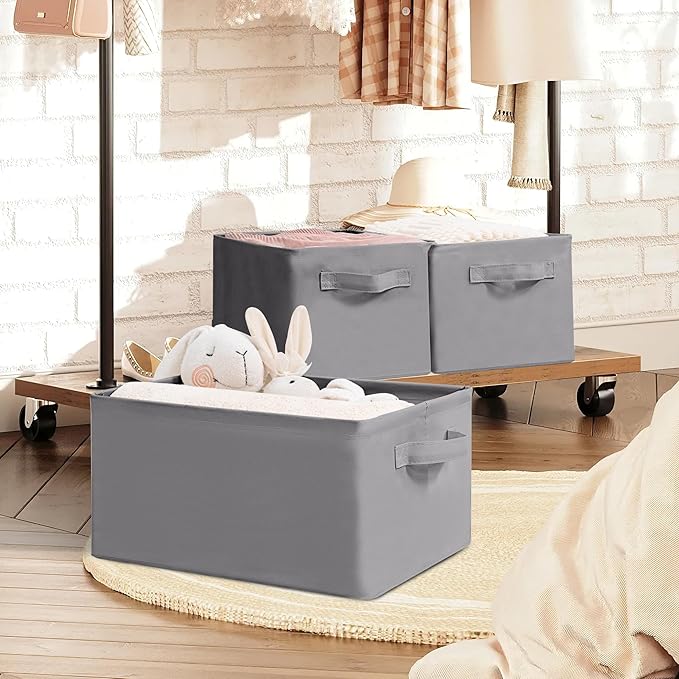 Storage Basket Bins with Metal Frame, Large Collapsible Fabric Storage Baskets for Organizing Shelf, Basket Organizer W/Handles for Blankets, Towels, Laundry, Shelves, 6-Pack, Grey