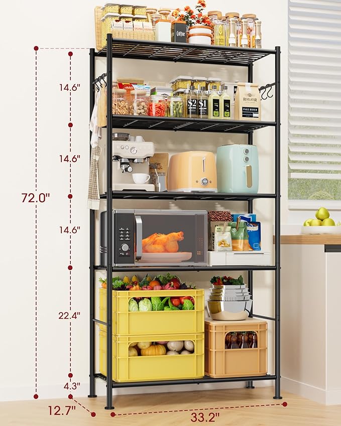 Storage Shelves - 5-Tier Spacious Shelf Organizer with Hooks & Leveling Feet, Easy to Assemble, Rust-Resistant Garage Shelving for Kitchen, Pantry, Bedroom, 33.2" x 12.7" x 71.7", Black