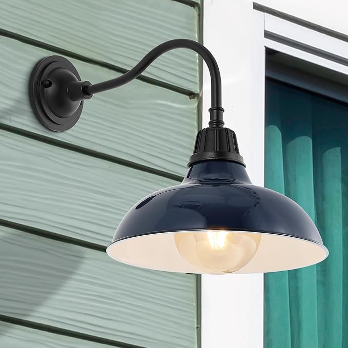 JONATHAN Y JYL7613C Aurora 12.25" 1-Light Farmhouse Industrial Indoor/Outdoor Iron LED Gooseneck Arm Outdoor Sconce Metal Bowl Shade Vintage Cottage Rustic Porch Patio Yard Barn, Navy