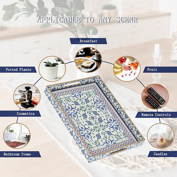 Serving Tray, Boho Plastic Food Trays for Eating on Lap Decorative Coffee Tray with Handles Rectangular Non-Slip Candle Plate, 15.7"x11.8"x1.6" Large Drinks Platter for Kitchen/Living Room/Bedroom
