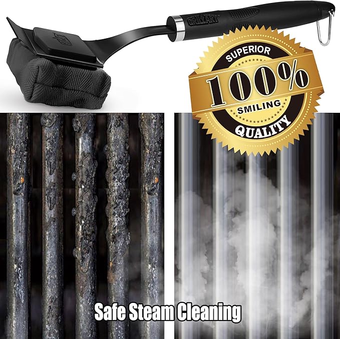 Grill Brush Bristle Free - Safe 17" Long Handle with Built-In Solid Scraper - Steam Clean Stubborn Grease Replaceable Head - Reinforced BBQ Accessories for All Grate Types - Gifts for Men Dad