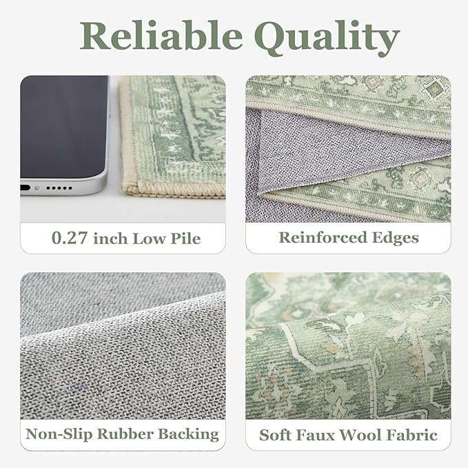 Sage Green Living Room Rug 6x9, Washable Non Slip Rug for Dining Room Under Table, Modern Vintage Medallion Low Pile Thin Carpet Rugs for Bedroom Den Home Office, Cozy Cottagecore Soft Green