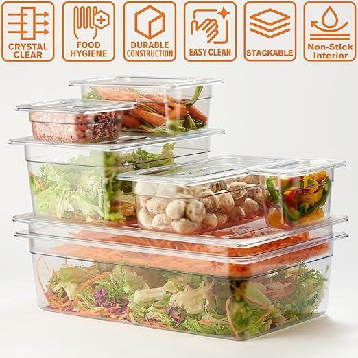 CURTA 6-Pack 1/3 Size 4" Deep NSF Polycarbonate Food Pans | Dishwasher & Freezer Safe Clear Container for Prep Tables, Buffet, Salad Bar, Commercial & Home Kitchen