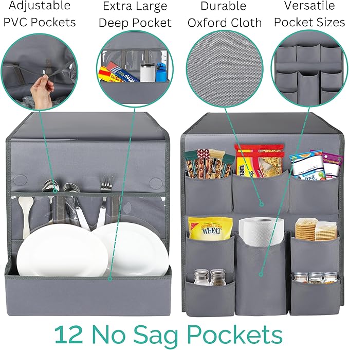 Mini Fridge Organizers and Storage - College Dorms Must Haves - Large Pockets with Dividers Holds Pantry Goods, Utensils, Paper Towel, Plastic Wrap Ideal Mini Fridge Shelf for Dorm and Office (Grey)…