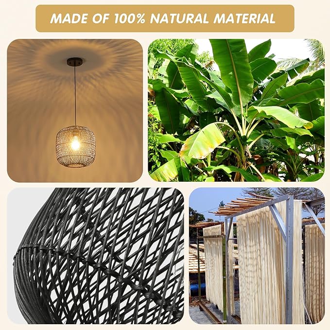 Black Rattan Pendant Light, 11in Rattan Chandelier Hand-Woven Wicker Hanging Lighting Fixtures Boho Pendants Lights for Kitchen Island Dining Room Bedroom Foyer Entrance