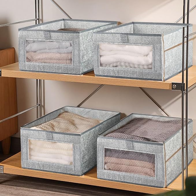 6 Pieces Linen Closet Storage Bins with Clear Window, Shelf Basket Closet Clothes Organizer Storage Containers for Organizing Shelves Wardrobe Office Clothing Books