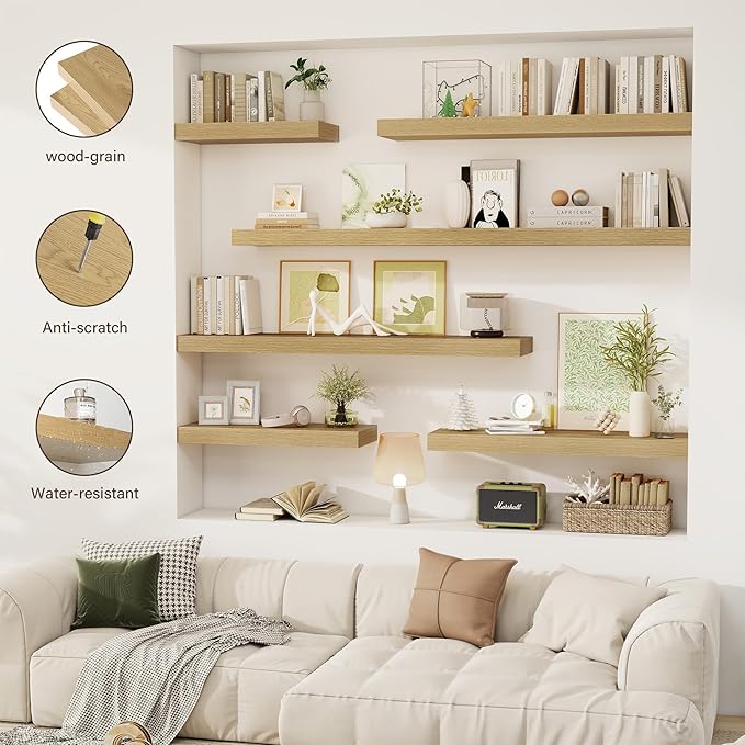 48 Inch Floating Shelves, 12" Deep Floating Shelf Wall Mounted, 48" Wall Shelves, Rustic Deep Bookshelf, Extra Deeper & Thicker Display Shelves for Bedroom, Living Room, Oak, Set of 2