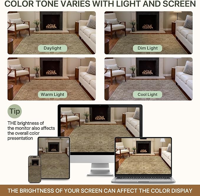 Bavni 3x5 Area Rug Washable Rug for Living Room Bedroom, Vintage Print Carpet, Low Pile Lightweight Mat with Non Slip Backing, Light Brown