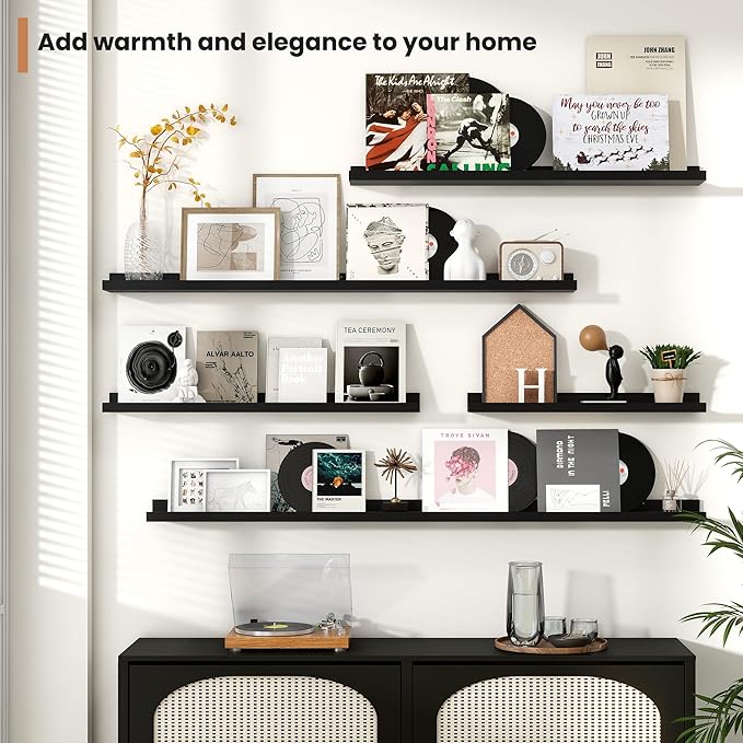 Fun Memories Picture Ledge Shelves Set of 4, 24 Inch Rustic Wall Mounted Floating Shelves with Lip for Home Storage and Décor in Bathroom, Kitchen, Nursery, Bedroom, Living Room, Black