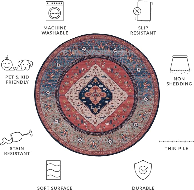 SAFAVIEH Washable Rug Tucson Collection - 4' Round, Rust & Blue, Slip Resistant & Easy to Clean, Ideal for Foyer, Kitchen, Nursery, Office, Bedroom (TSN153P)