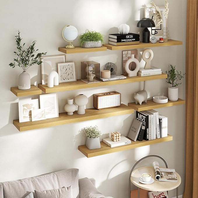 8 Inch Square Floating Shelves for Wall 3 Pack, 8"D Wood Grain Bathroom Shelves with Invisible Brackets, Easy Install Engineered Wood Storage Shelves for Kitchen, Living Room, Bedroom, Oak Finish