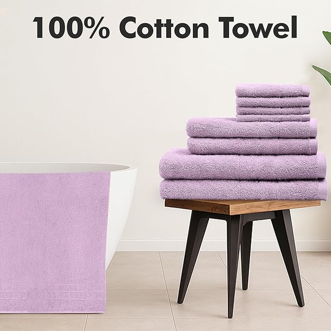 Bath Towels Set of 8 – 100% Cotton (Lilac) Bathroom Towel Set Bale Includes 2 Bath, 2 Hand, 4 Face Towels – Soft, Absorbent & Quick Dry Towel for Bathroom, Spa, Kitchen, Hotel Use