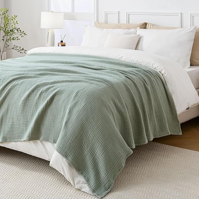 100% Cotton Muslin Blanket Throw 108'x90', Lightweight Breathable Summer Throw Blanket for Sofa, Couch, Bed, All-Season Use, Sage Green