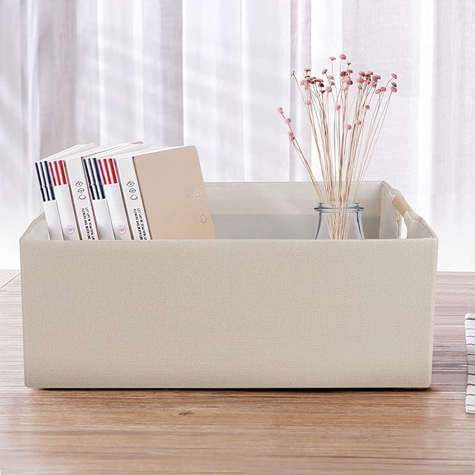 ANMINY 4PCS Storage Baskets for Organizing Collapsible Fabric Storage Bins Boxes with Wood Handles Closet Shelves Cube Organizer Bins Clothes Laundry Storage Container - Large, Beige