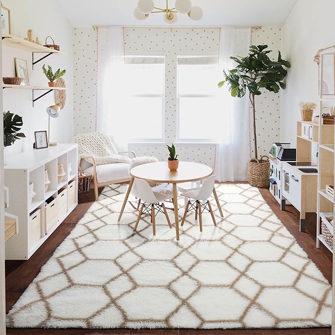 ONASAR 7x9 Area Rugs for Living Room Bedroom, Large Fluffy White and Beige Throw Rug, Geometric Soft Plush Shaggy Indoor Floor Carpet for Nursery Kids Girls Boys Teen Dorm Home Decor Aesthetic