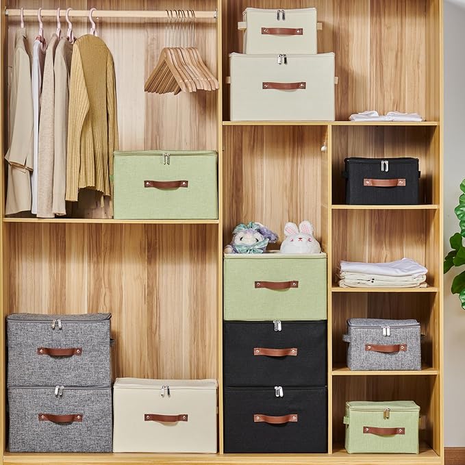 2 Pack Storage Bins with Zipper Lid Cotton Linen Fabric Lidded Storage Baskets Boxes Foldable Washable Closet Shelf Clothes Organizer Container with PU Leather Handles (Black, Extra Large)