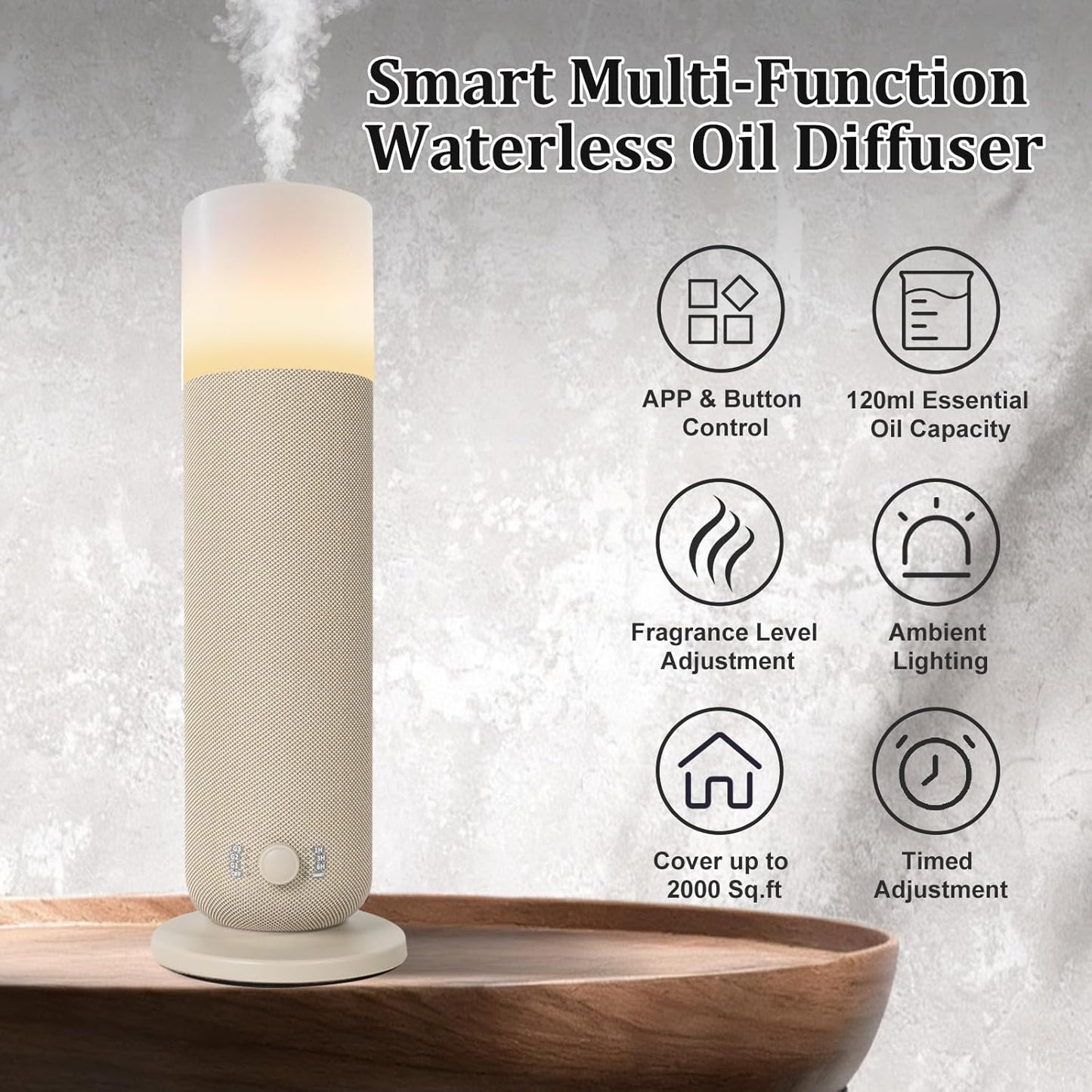 Smart Waterless Essential Oil Diffuser,Scent Diffuser for Home,Hotel Collection Diffuser APP Control,Ambient Lighting,Covers Up to 2000 Sq.Ft Aromatherapy Diffuser for Bedroom Spa Yoga Office Beige