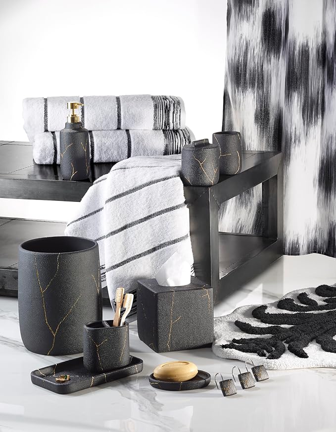 Nicole Miller - Bathroom Set, 3pc Resin Countertop Accessories, Dorm Room Essentials (Sydney Collection, Black/Gold)