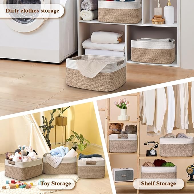 2 Pack Large Storage Basket for Organizing, 17.5"x13"x7" Woven Basket for Shelves, Closet Cube Storage Bins with Wrapped Handle, Cotton Rope Baskets for Kitchen, Clothes, Toys(Off White & Brown)