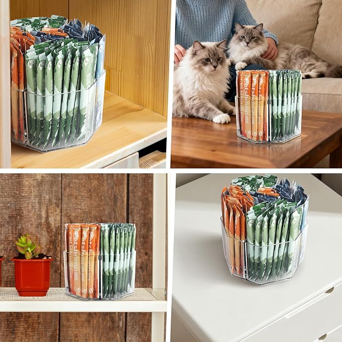 Lickable Cat Treats Organizer, Lazy susan Acrylic Squeeze Up Cat Food Storage Container, Essential storage for pet treats, Wet Cat Treats Storage for Kitchen Cabinet Pantry Shelf Countertop(Rhombus)