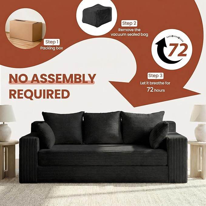 Convertible Sofa Bed, 5 in 1 Small Boneless Couch Pull Out Loveseat Sleeper Sofa,Corduroy Futon Couch Folding Mattress with 4 Pillows for Living Room Bedroom Lounge (No Assembly)