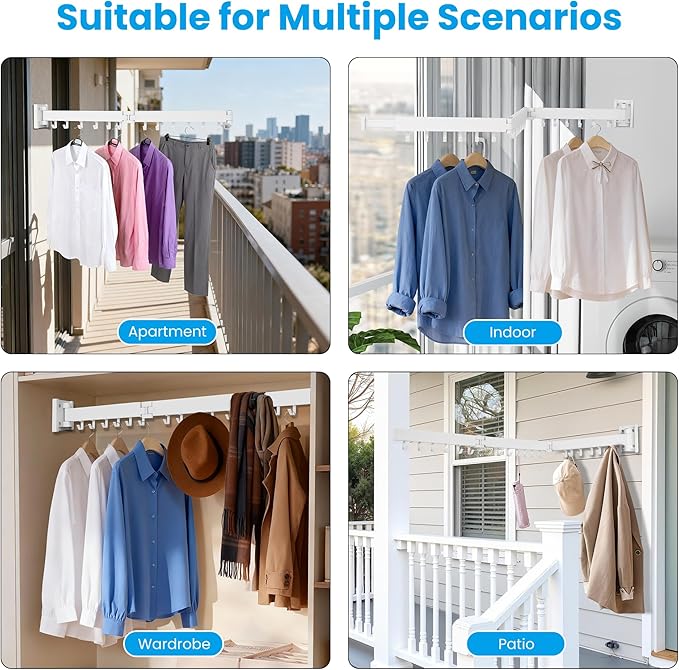 Clothes Drying Rack Wall Mounted, Retractable Collapsible(Tri-Fold) Space Saver, White with 18 Hooks for Laundry Room Organization Apartment Balcony Bathroom