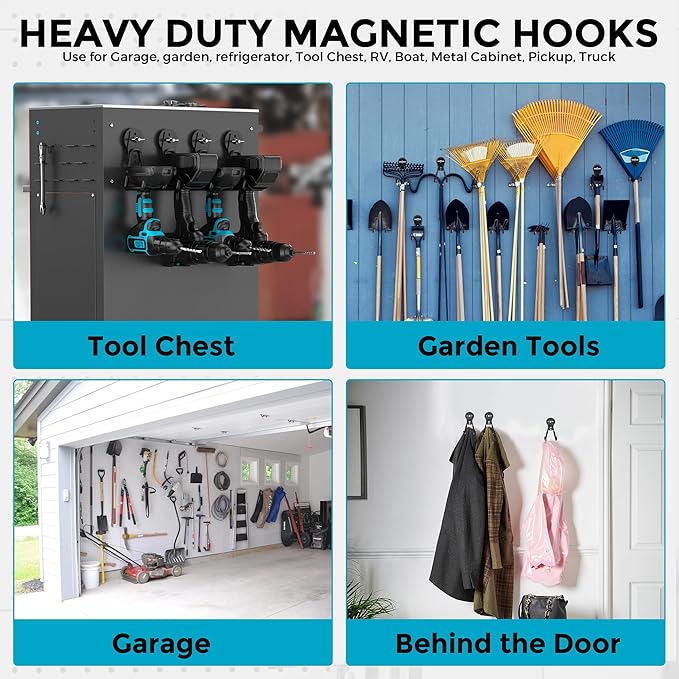 4 Pack Large Strong Magnetic Hooks Heavy Duty Garage Big Magnet Hooks Extra Strength Magnetic Utility Storage Hook Hanger with Anti Slip Coating for Garden Indoor Outdoor Hanging Tools Black