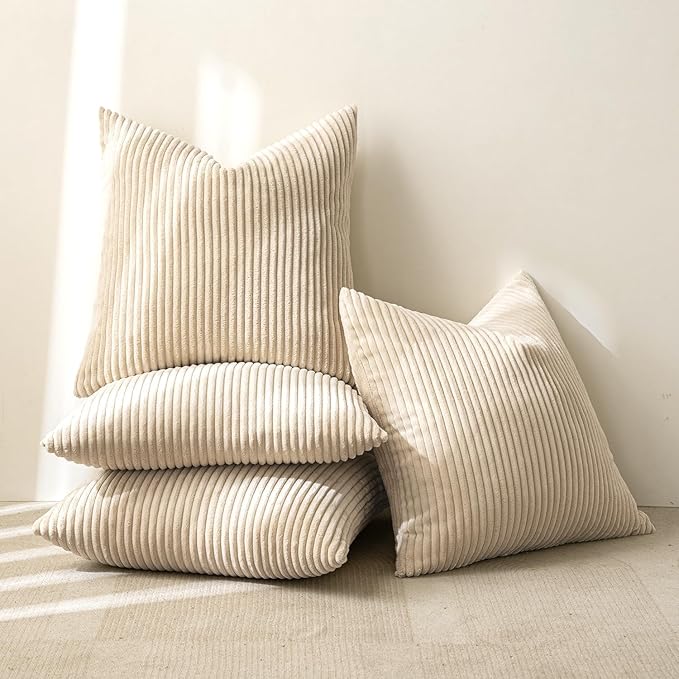Boho Throw Pillow Covers 18x18 Set of 4 - Beige Corduroy Cushion Covers