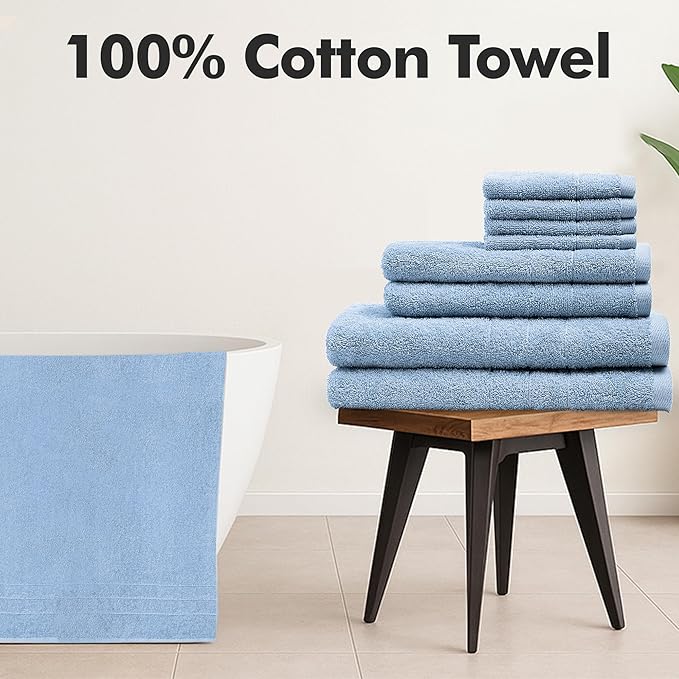 Bath Towels Set of 8 – 100% Cotton (Sky Blue) Bathroom Towel Set Bale Includes 2 Bath, 2 Hand, 4 Face Towels – Soft, Absorbent & Quick Dry Towel for Bathroom, Spa, Kitchen, Hotel Use