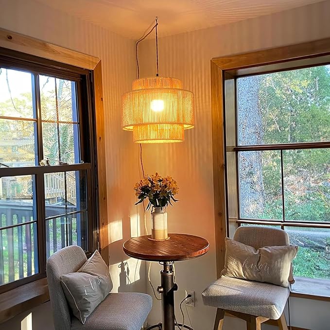 Plug in Pendant Light Hanging Lights with Plug in Cord Boho Hanging Lamp Dimmable,Rattan Wicker Woven Bamboo Lamp Shade, Plug in Ceiling Light Fixture for Living Room Bedroom Kitchen