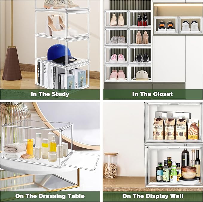 12 Pack Drop Front Acrylic Shoe Boxes with Magnetic Door Fit US Size 12, Clear Stackable Shoe Organizer for Closet, Entryway, Underbed, Multiple Display Cases for Hats, Figures, Sneakers