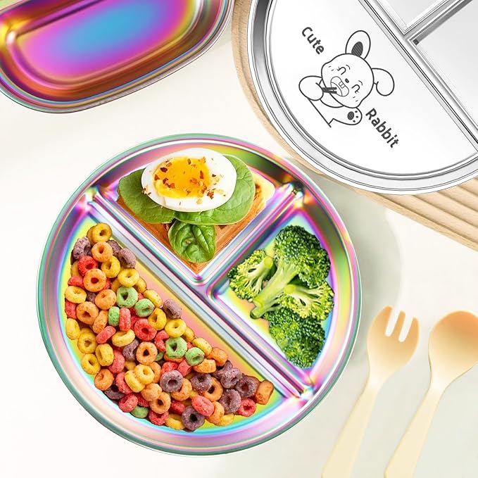 9" Stainless Steel Toddler Plates Set of 6, Divided Plate for Kids & Baby, Non Toxic Unbreakable Dishes Dinnerware Adults Portion Control Snack Container, Colorful Meal Time Chums
