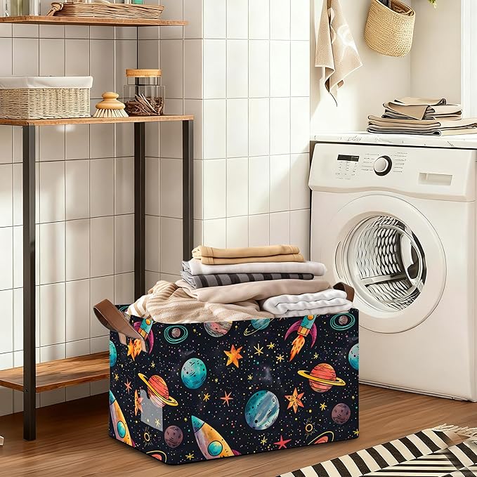 Decorative 32L Space Planet Storage Bins with Handles, Organization and Storage, Cube Storage Organizer for Hamper, Nursery