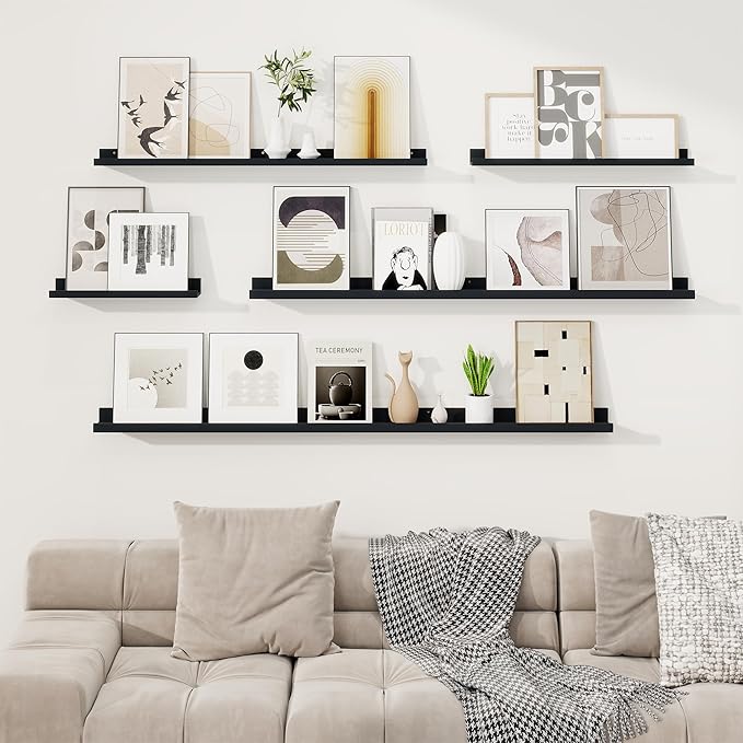 RICHFOCUS Picture Ledge Shelf, 55 inch Floating Shelves Set of 2, Wood Wall Shelves with Lip, Wall Decor Storage for Bedroom Living Room Bathroom Kitchen Nursery Photo Picture, Black