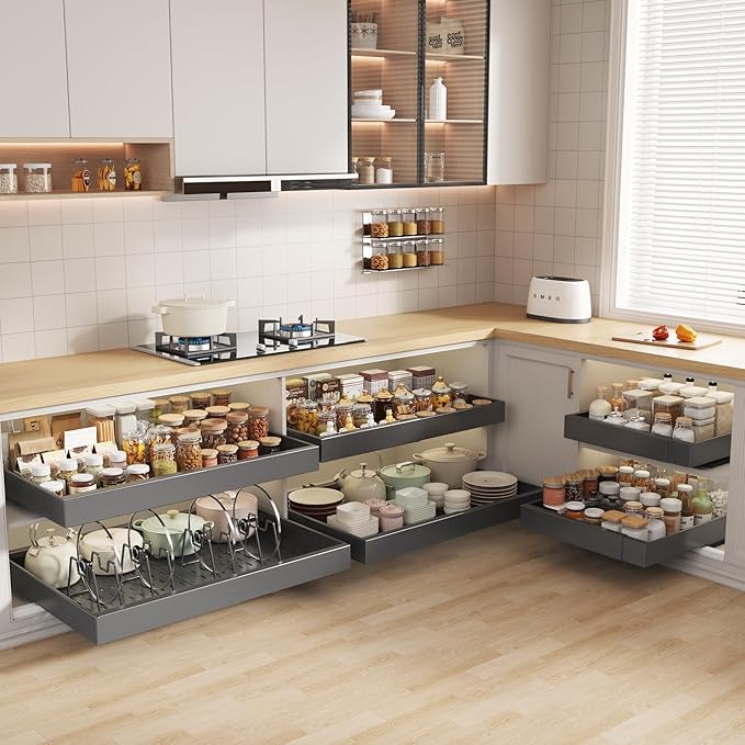 4 Pack Pull out Cabinet Organizer 21" Deep With Raising Pad for Framed Cabinets,Expandable (15.2"-26.3"W) Slide out Drawers for Kitchen Cabinets with 4pcs Divider Racks,Roll out Shelves,Black