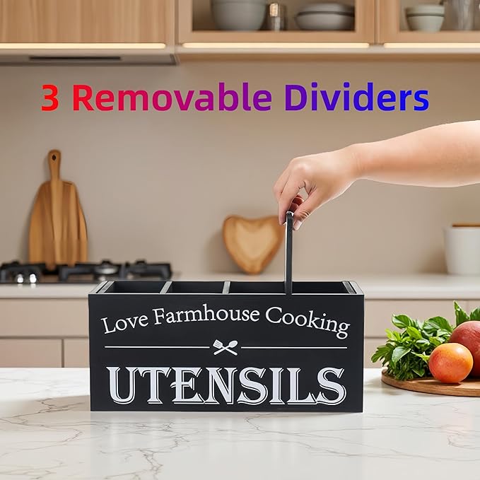 Kitchen Utensil Holder,Farmhouse Wooden Utensil Holder For Kitchen Counter,Extra Large Cooking Spatula Organizer,Big Storage With 4 Compartments Flatware Spoon Tool Cutlery(Black)